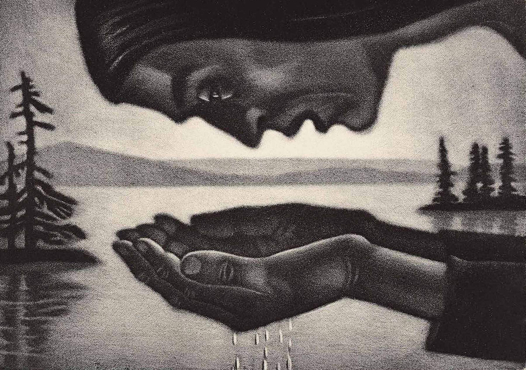 Janu, a print by Kaljo Põllu: a face above a lake landscape, cupped hands letting seeds fall
